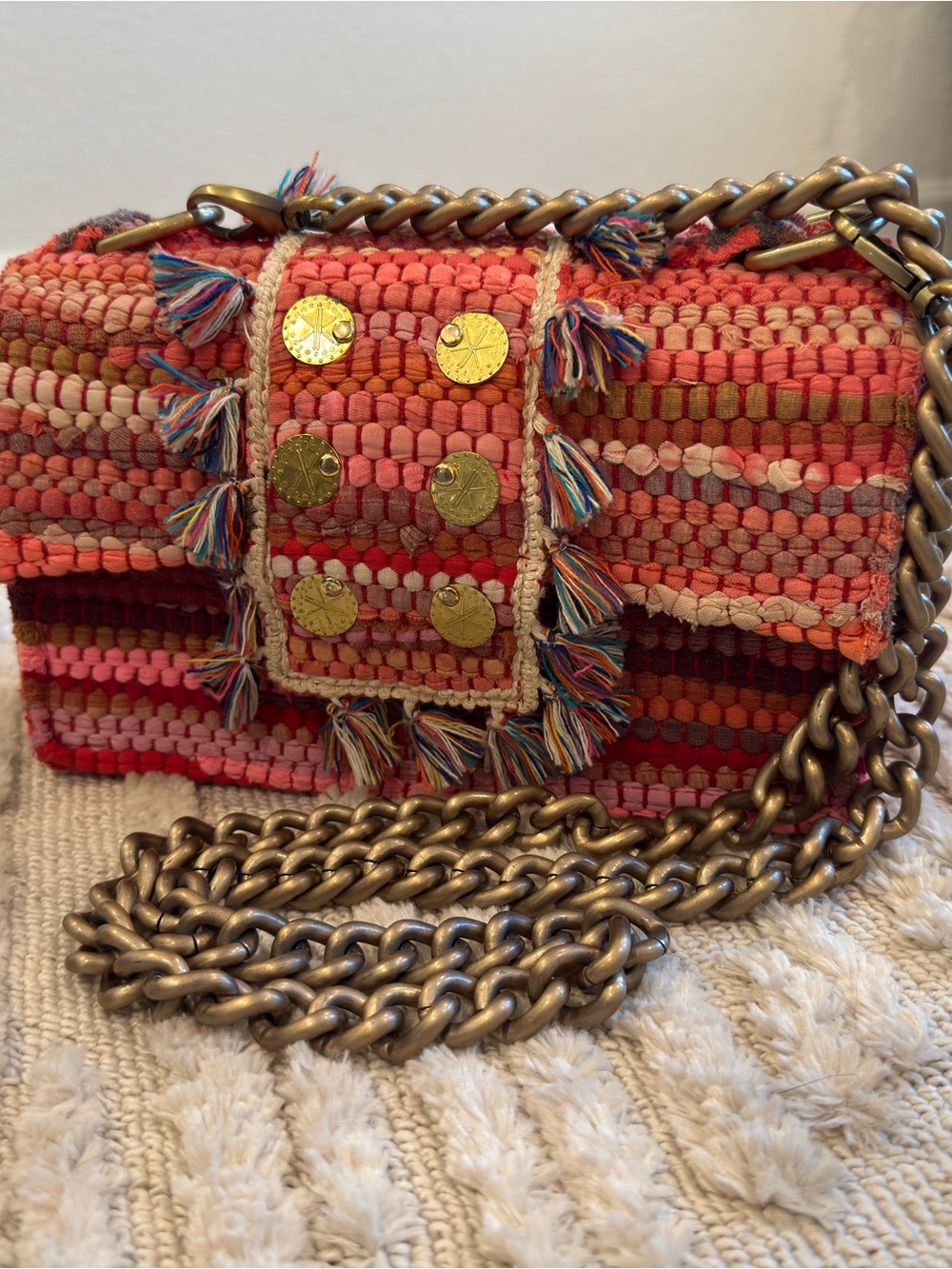 Kooreloo Boho Woven Coral Tassel Crossbody Bag with Antique Gold Chain